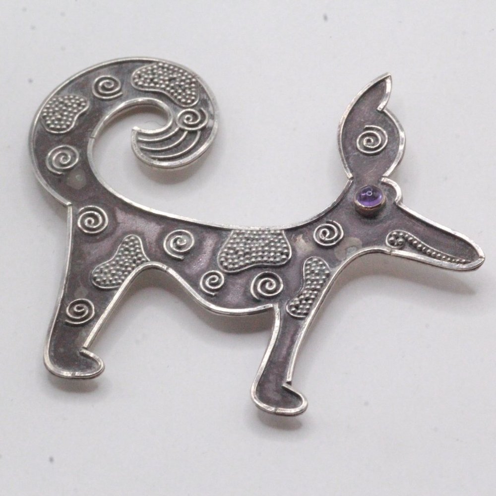 Vintage Animal Lover Studio Artisan Sculptural  Sterling Amethyst Dog Brooch
